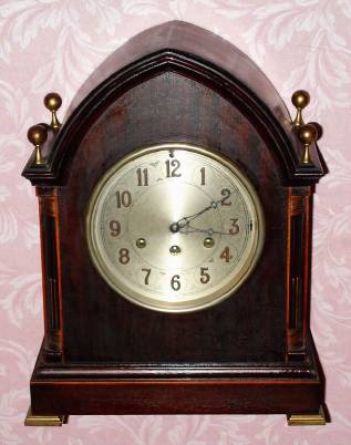 C.1927, Herschede Hall Clock Co., Cincinnati, O., 8-day Westminster chime mantel clock. A metal label on the case states Herschede won the grand prize at the Panama Pacific International Exposition 1915. — Antique Clocks Price Guide