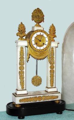 C.1825, French, Guyerdet, Paris, Empire style mantel clock, white marble and ormolu, with silk thread susp, bell strike movement. — Antique Clocks Price Guide
