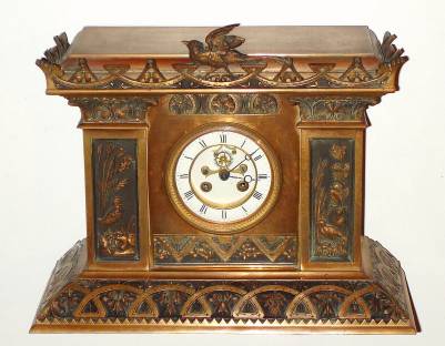 C.1900, French, Marti et Cie, 8-day time and strike cast bronze case mantel clock, aviary motif with cast birds and waterfowl, open escapement on dial. — Antique Clocks Price Guide