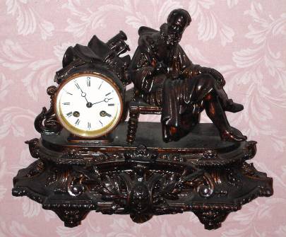 C.1900, French, Japy Freres, 8-day time/strike cast white metal figural mantel clock, The Poet.. — Antique Clocks Price Guide