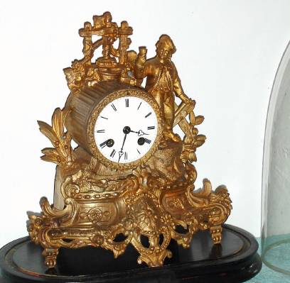 C.1870, French, P. Lesperut, Paris, 8-day time and strike cast white metal figural mantel clock, silk thread, under a dome. — Antique Clocks Price Guide