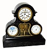 C.1890, French, Large 3-Dial perpetual calendar clock, black slate case, with open-escape bell strike movement at top, calendar to the left and Aneroid barometer to the right. 