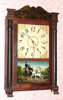 C.1833, Hopkins and Alfred, Harwinton, Conn, Column and splat, short-drop case with 30-hr time and strike wood movement. — Antique Clocks Price Guide