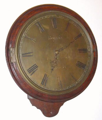 C.1840 English, Rogers, London: interesting dial clock with heavy flat brass dial that is deeply engraved with the maker's name and 8-day time only fusee movement. — Antique Clocks Price Guide