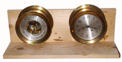 C.1972, Chelsea Clock Co., 6" diameter matching ship's bell clock and barometer with mercury-tube thermometer. — Antique Clocks Price Guide