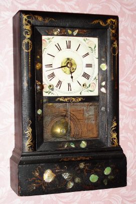 C.1855, Seth Thomas, Plymouth Hollow, Conn, Stencil front, MOP cottage clock, with 8-day lyre movement. — Antique Clocks Price Guide