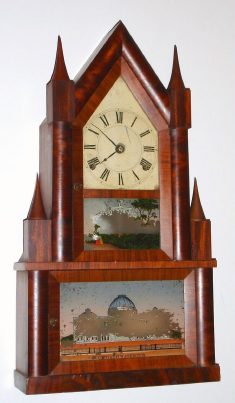 C.1850, Elisha Manross, Bristol, Conn: Steeple on steeple with 8-day time and strike fusee movement. — Antique Clocks Price Guide
