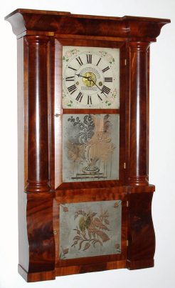 C.1848, Forestville Manufacturing Co., Bristol, Conn: Mahogany column and cornice shelf clock with 8-day time and strike weight movement. — Antique Clocks Price Guide