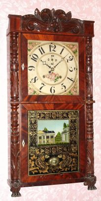 C.1835, Seymour, Williams and Porter, Farmington Conn, Carved column and splat shelf clock with 8-day upside down time and strike wood movement. — Antique Clocks Price Guide