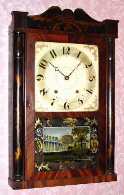 C.1830 Seth Thomas, Plymouth, Conn. Pillar and splat short-drop shelf clock with 30-hr time and strike wood movement. — Antique Clocks Price Guide
