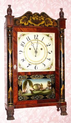 C.1830, Silas Hoadley, Plymouth Conn, Column and splat short-drop, with 30-hr time and strike upside down wood movement. — Antique Clocks Price Guide