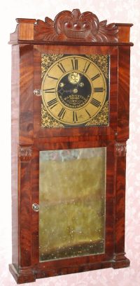 C.1835, Hotchkiss and Benedict, Auburn, NY, Column and carved splat two-deck shelf clock with 8-day time and strike movement. — Antique Clocks Price Guide