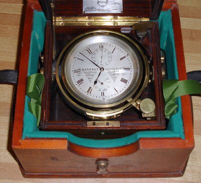 C.1860, English, Barraud-Maker to the Royal Navy, 41 Cornhill, London 2-Day chronometer, No. 2635 in a Cuban mahogany case with brass corners, the very top cover replaced, and with a C.1941 Hamilton outer case, felt lined. — Antique Clocks Price Guide