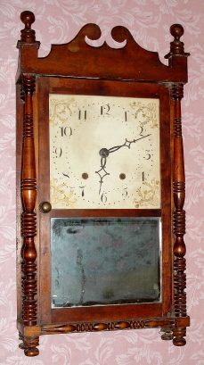 C.1830, William Sherwin, Buckland, Mass,  Massachusetts pillar and scroll clock, 30-hr time and strike wood movement. — Antique Clocks Price Guide