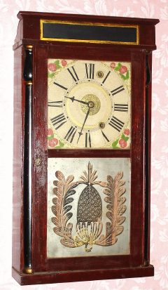 C.1837 R. and I. Atkins, Bristol. Conn, miniature quarter column and cornice, 30-hr time and alarm wood upside-down movement. — Antique Clocks Price Guide