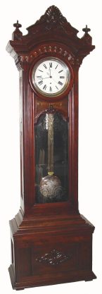 C.1890, American Walnut Jeweler's Regulator, 8-day pinwheel movement, with center seconds hand, nickeled bezel, pendulum and weight, door glass with fancy cut pattern. — Antique Clocks Price Guide