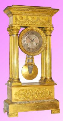 C.1870, French, 4-Column Empire Style mantel clock of all ormolu, with finely chased garland appliques and Corinthian capitals. — Antique Clocks Price Guide