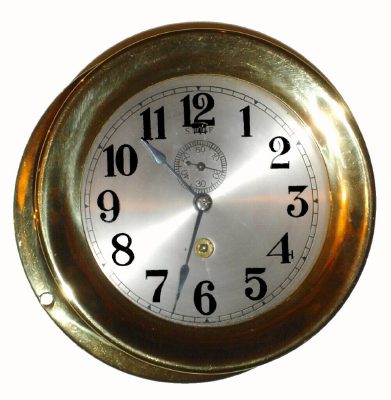 C.1938, Seth Thomas, ENGINE LEVER No. 4, with an 8-day, 7-jewel movement, in a heavy cast brass case, highly polished. Has a screw bezel, and 4 inch etched brass/silvered dial with black Arabic numerals. — Antique Clocks Price Guide