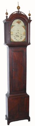 C.1810, Sam'l Edwards [Jr], Gorham, [Maine],  30 hour wood works clock with large seconds dial and small time dial below center, in a pine case with grain painted mahogany finish. — Antique Clocks Price Guide