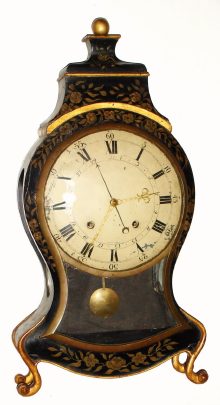 C.1790, Swiss, Neuchatel Clock, 8-day GRAND SONNERIE, on two bells above, with hour and quarter snails on the rear plate, crown verge escapement, and silk thread suspension, also with simple calendar indication on the painted convex tin dial. Has string wound pull repeat also. — Antique Clocks Price Guide