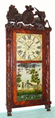 C.1833 Eli Terry Jr., Plymouth, Conn, "Lion and Unicorn" Carved column and splat with 30-hr time and strike wood movement (short), for Canadian market. — Antique Clocks Price Guide