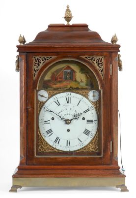 C.1785, David Evans and Peter Higgs, London, Quarter Chiming Cuckoo, a Georgian 3-fusee bracket clock, crown-verge, announcing the quarters on 8 bells, and giving the hours on a deep toned cuckoo, made for the Spanish market, and the dial showing the names of Higgs and Diego Evans, Londres,  and the back plate engraved the same. — Antique Clocks Price Guide