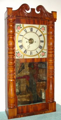 C.1832 Abner Jones, East Bloomfield, NY, Carved column and splat large shelf clock with 8-day time and strike brass movement. — Antique Clocks Price Guide