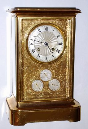 C.1880, French, Bourdin, Paris, Calendar clock, with day date and month showing on three separate dials below the main time dial, all 4 set into an engraved and gilded mask with fine detail. Silvered time dial engine turned at the center. Finely made movement signed Bourdin a` Paris on the rear plate, and with a 2-vial compensating pendulum. — Antique Clocks Price Guide