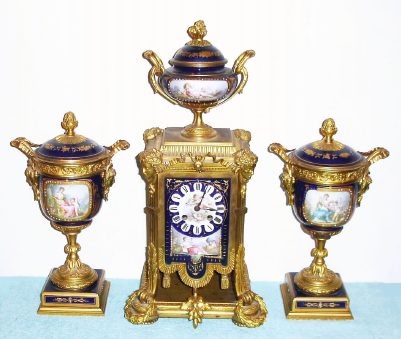 C.1880, French, Blue Cobalt and Ormolu 3-piece mantle clock set with side urns and lids complete. — Antique Clocks Price Guide