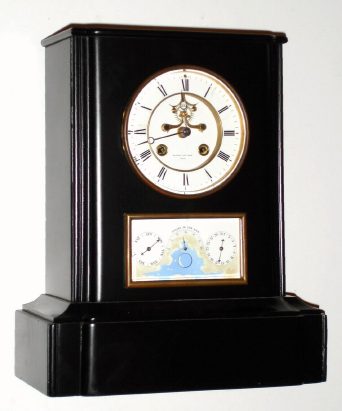 C.1880, French, Bright and Sons, Paris, Double Dial Calendar clock, the calendar in rectangular form below the dial and with phases of the moon showing between the day and date (both penny moon and arrow to age in moon in days), in a Belgian black slate case. — Antique Clocks Price Guide