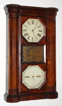 C.1863, Seth Thomas Clock Co., Plymouth Hollow, Conn  PARLOR CALENDAR 8-day 2-weight, double dial perpetual calendar, this model with octagonal openings for the dials, and a reverse painted tablet in the center. — Antique Clocks Price Guide