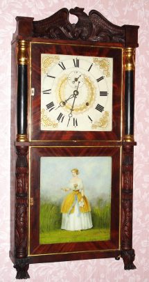 C.1828, E. Terry and Sons, Plymouth, Conn: Carved column and splat shelf clock with 8-day time and strike wood movement. — Antique Clocks Price Guide