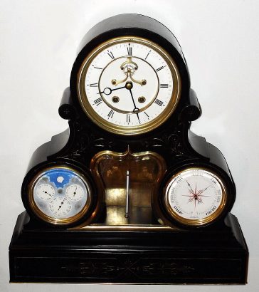 C.1880, French, Monumental 3-dial, perpetual calendar clock, the large bell strike movement signed GV, and with oversize brocot escapement on the large 7.5" dial, and with separate calendar and barometer indications, and central thermometer, with indications engraved into the glass panel. — Antique Clocks Price Guide