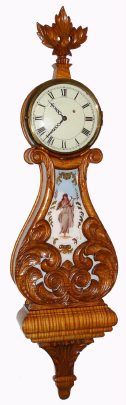 C.1977, [dated], P. Libbey, Lyre Banjo,  repro, 1-wt, 8-day, in a great tiger maple case, with a signed Kilbourn and Proctor movement. — Antique Clocks Price Guide