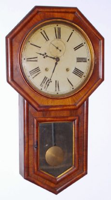 C.1890, E. N. Welch Mfg, Forestville, Conn, VERDI, long drop octagon school clock in walnut, 8-day time and gong strike. — Antique Clocks Price Guide