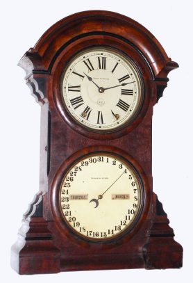 C.1878, (dated label inside) Seth Thomas, Parlor Calendar No. 4, double dial perpetual calendar clock, gong striking, in a fancy walnut case, 8" dials. — Antique Clocks Price Guide