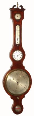 C.1860, English, Banjo Barometer with clock, with mercury tube intact, retailed by C. A. Canti, 4 Crofts St., Hatton Gardens (London). — Antique Clocks Price Guide