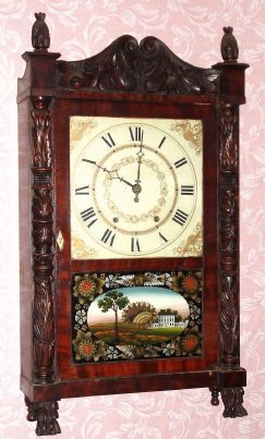 C.1830 Mark Leavenworth, Waterbury, Conn, Carved column and splat short-drop with 30-hr time and strike wood movement. — Antique Clocks Price Guide