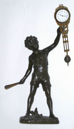 C.1910, German, Junghans, BAT BOY, patinated spelter mysterious swinging time piece the base integral with the figure, and with an 8-day "Swinging Arm" that sets in a jewel bar. — Antique Clocks Price Guide