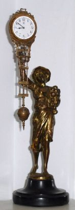 C.1910, German, Junghans, ONION BOY, gold tone-patinated spelter myserious swinging time piec, 8-day, on a round wooden base. — Antique Clocks Price Guide