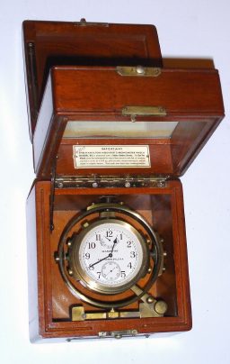 C.1942, Hamilton Watch Co, Lancaster, PA, Model 22 Deck Watch, in a mahogany double hinged case with gimbals. — Antique Clocks Price Guide
