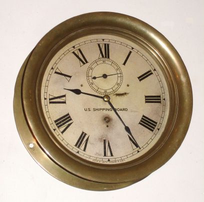C.1921, Seth Thomas for US Shipping Board, 8.5" diameter dial (7.5" chapter"), 8-day time only, 7-jewel movement (called "Ship's Lever No. 80" in catalog. — Antique Clocks Price Guide