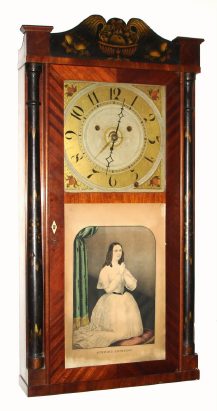 C.1830, Silas Hoadley, FRANKLIN CLOCK, stenciled column and splat, 30 hour wood, with alarm. — Antique Clocks Price Guide