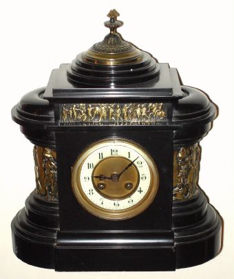 C.1890, French, Belgian Slate and Bronze mantel clock, 8-day time and strike, the sides and top bronze frieze showing classic Greek and Roman figures. — Antique Clocks Price Guide