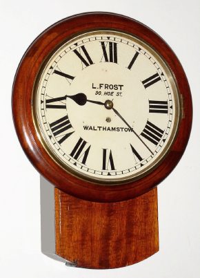 C.1890, English Drop-Dial Clock: Eight-day time-only fusee mahogany case wall clock. — Antique Clocks Price Guide