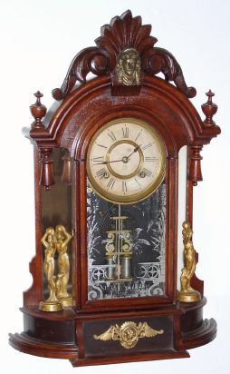 C.1880 Ansonia Clock Co., Ansonia, Conn: TRIUMPH model walnut mirror-side shelf clock with 8-day time and strike movement. — Antique Clocks Price Guide