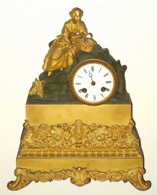 C.1860 French Ormolu Figural Clock: Clock has a porcelain dial with a figure of a woman seated with a picnic basket and an 8-day time and strike movement. — Antique Clocks Price Guide