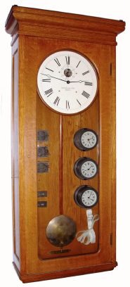C.1915, E. Howard and Co., Boston, Electric Self Winding  master clock [DC] with 3 pilot clocks, golden oak case. — Antique Clocks Price Guide