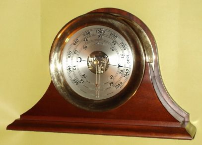 C.1980, Chelsea Clock Co., Boston, 6" Barometer, on mahogany stand, serial No. 3806, yellow brass, screw bezel. — Antique Clocks Price Guide