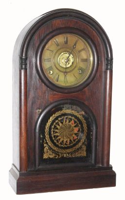 C.1858, N. Pomeroy, Bristol, Conn, Italian style round Gothic rosewood case, 8-day time, strike and alarm. — Antique Clocks Price Guide